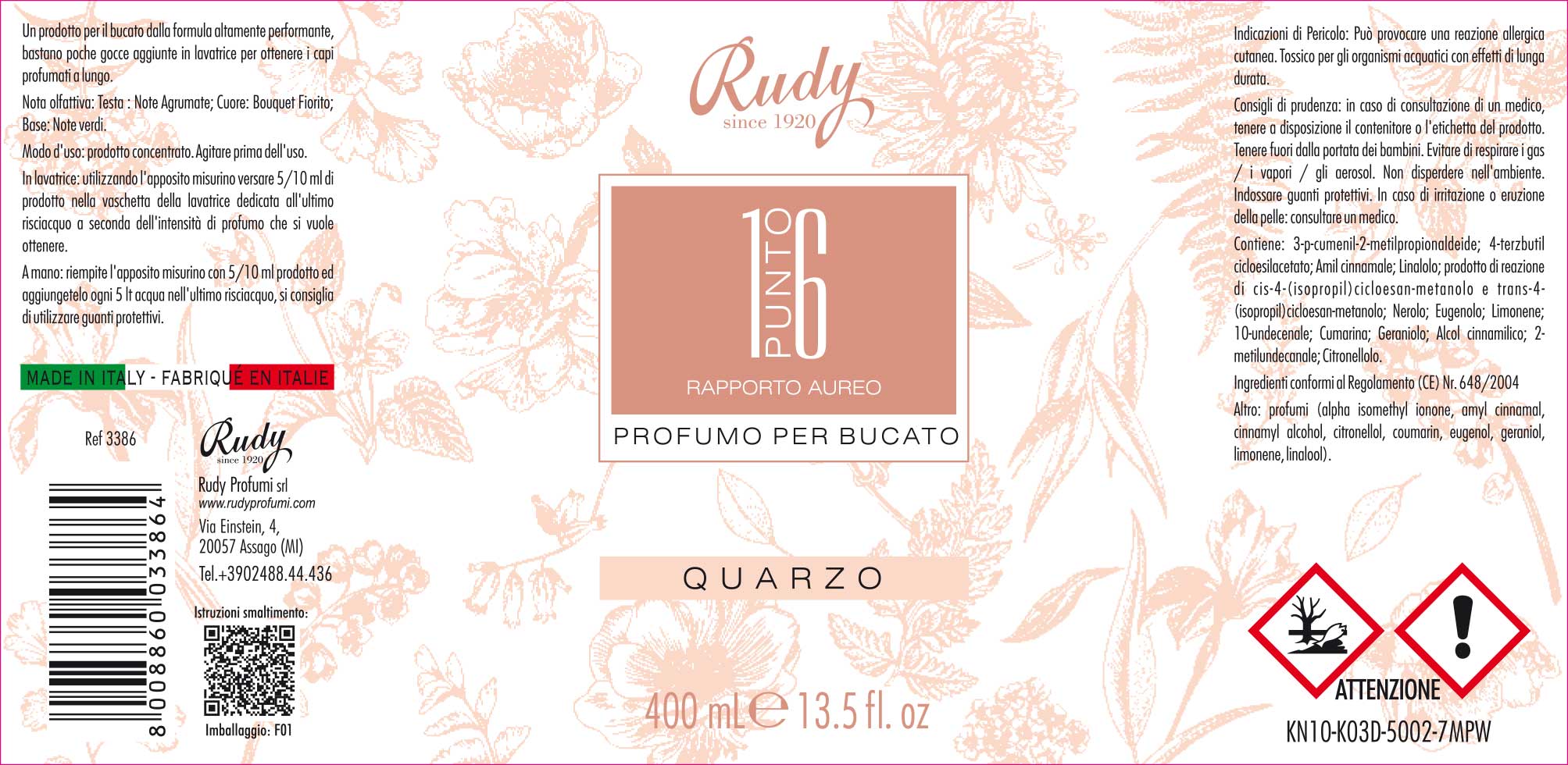 Etichettatura ambientale profumo per bucato Quarzo 400 mL