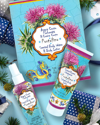 <b>Caja de Regalo con Agua Perfumada 150 mL + Crema Corporal Hidratante 200 mL</b></br>Le Maioliche di Rudy</br><i>Línea Portofino</i>