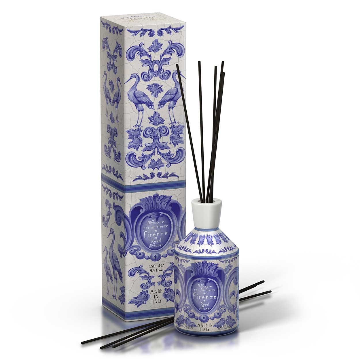 <b>Difusor ambiente de 250 mL</b></br>flores brancas e madeiras preciosas</br><i>Linha Firenze</i>