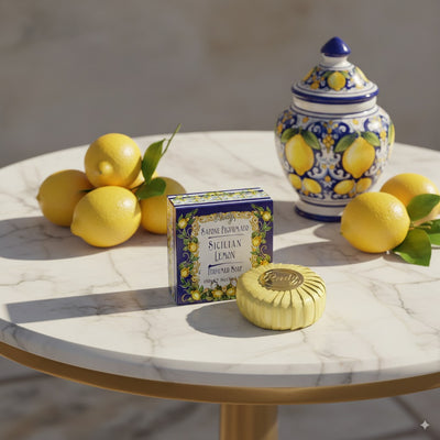 <b>100g de pastilla de jabón</b></br>Le Maioliche di Rudy</br><i>Línea de limón siciliano</i>