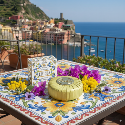 <b>100g de pastilla de jabón</b></br>Le Maioliche di Rudy</br><i>Línea Riviera</i>