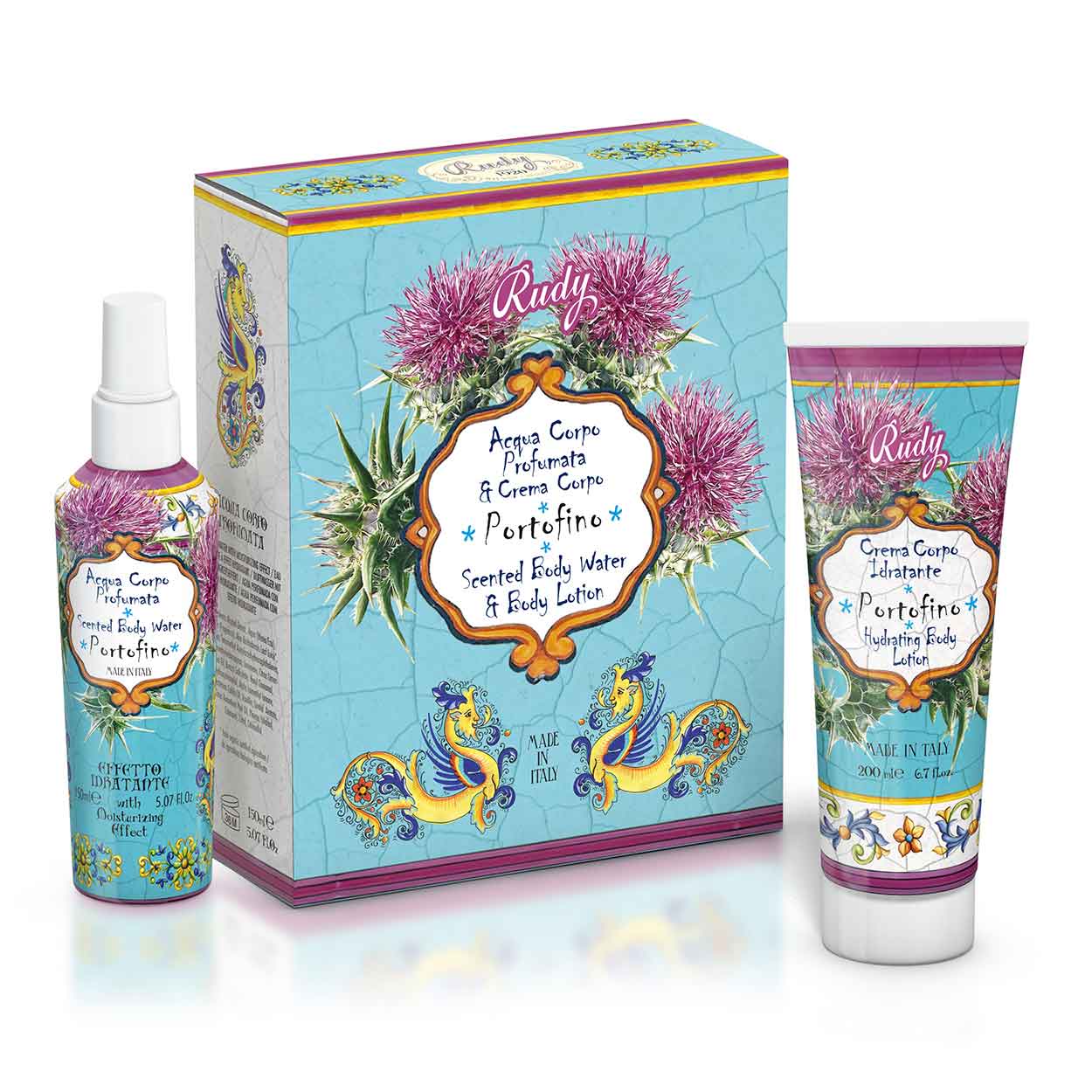 <b>Caja de Regalo con Agua Perfumada 150 mL + Crema Corporal Hidratante 200 mL</b></br>Le Maioliche di Rudy</br><i>Línea Portofino</i>