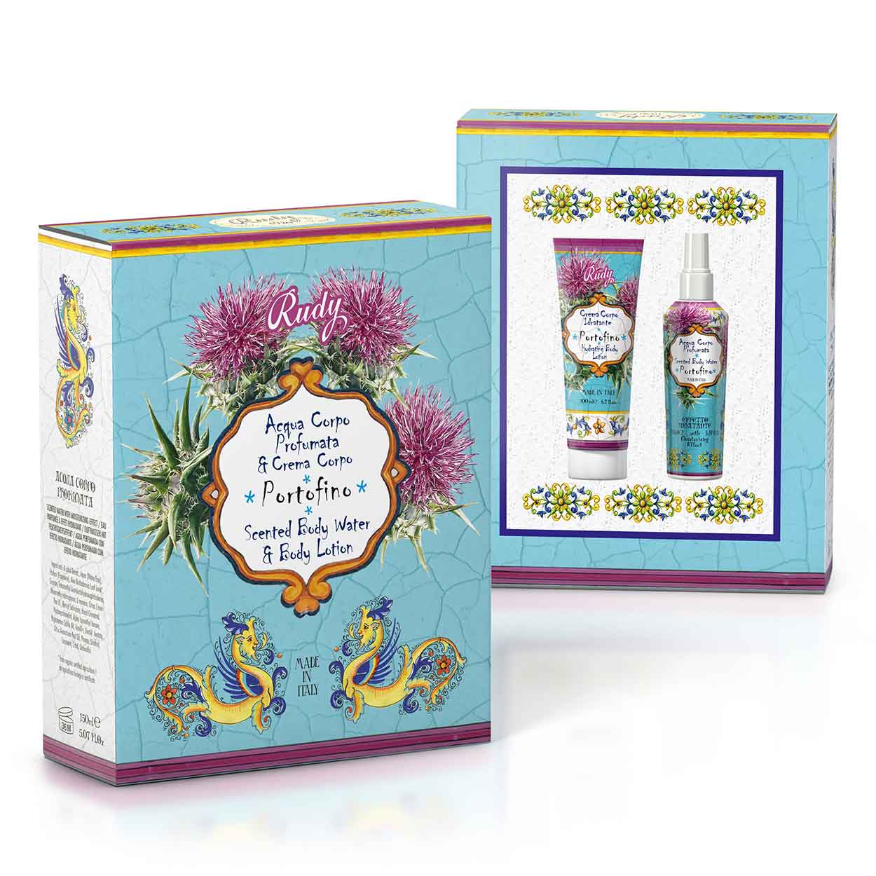 <b>Caja de Regalo con Agua Perfumada 150 mL + Crema Corporal Hidratante 200 mL</b></br>Le Maioliche di Rudy</br><i>Línea Portofino</i>