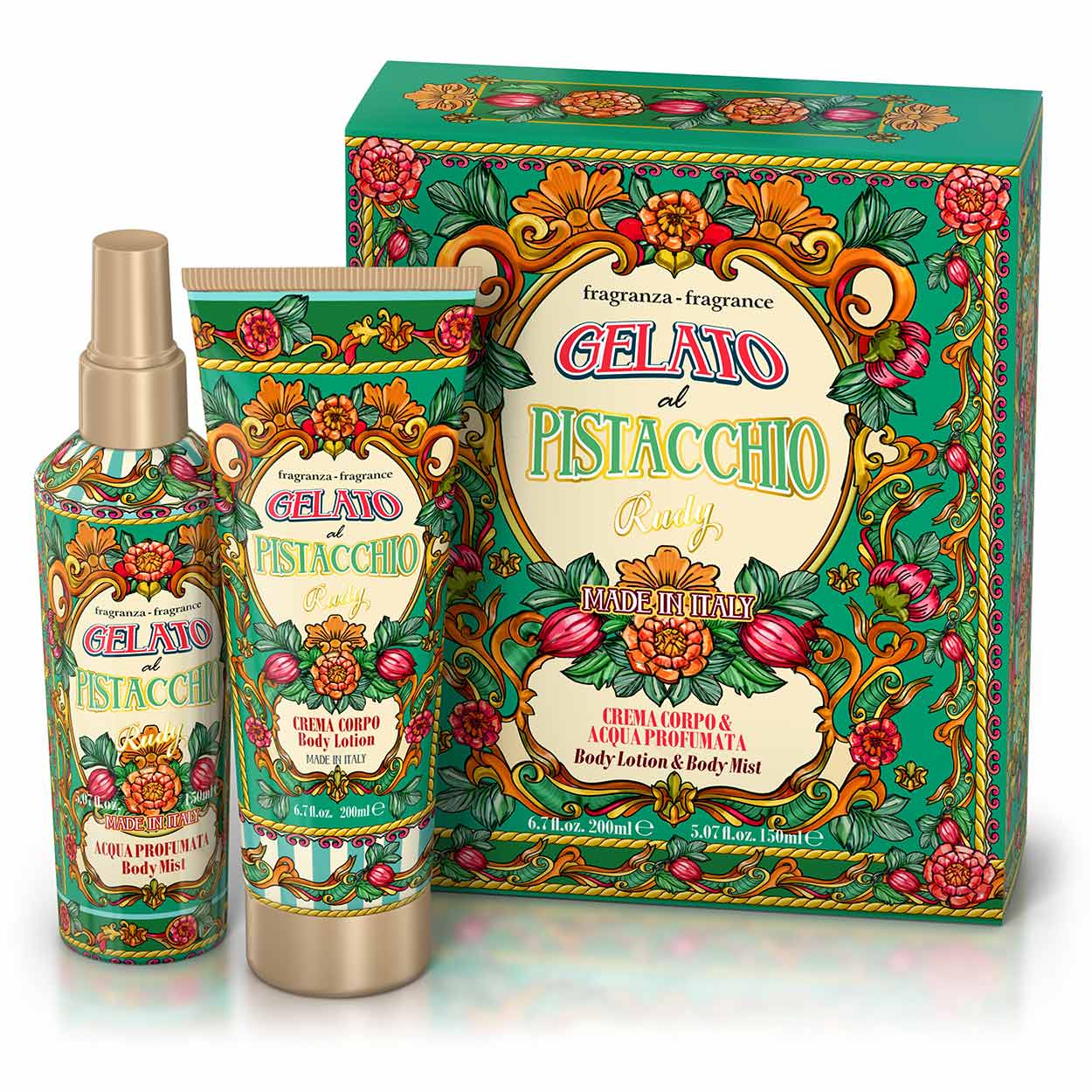 <b>Gift box with Scented Body Water 150 mL + Moisturizing Body Cream 200 mL</b></br>Gourmand Edition</br><i>Pistachio Gelato</i>