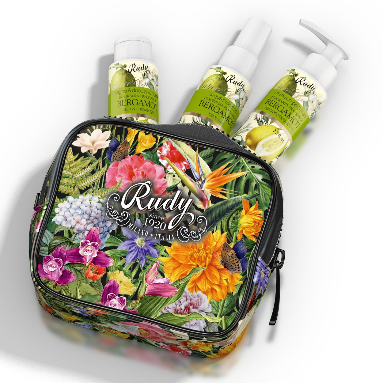 <b>Clutch con Espuma de Baño y Ducha, Crema Corporal, Agua Perfumada 100 mL</b>Nature&Arome<i>Línea Bergamota</i>