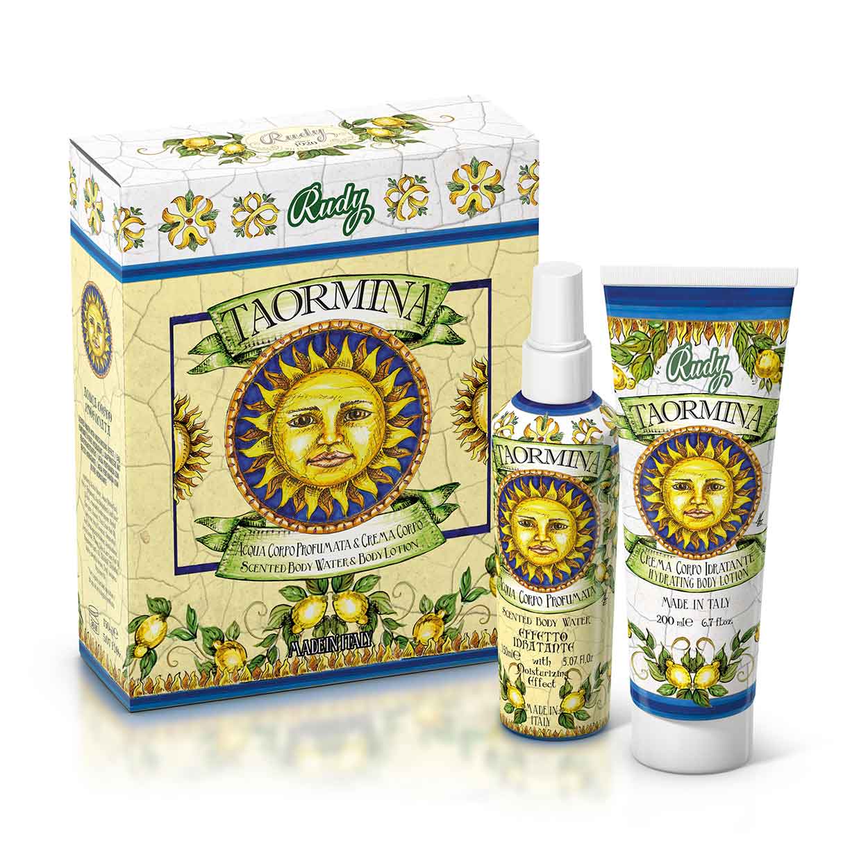 <b>Gift Box with Scented Body Water 150 mL + Moisturizing Body Cream 200 mL</b></br>Le Maioliche di Rudy</br><i>Taormina range</i>