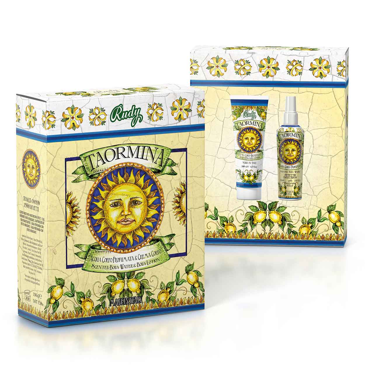 <b>Gift Box with Scented Body Water 150 mL + Moisturizing Body Cream 200 mL</b></br>Le Maioliche di Rudy</br><i>Taormina range</i>